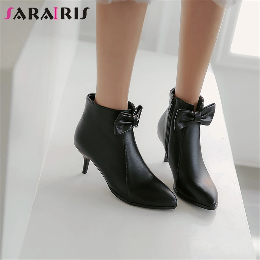 

SARAIRIS 2019 Fashion New Plus Size 32-48 Sweet Bowtie Party Boots Woman Shoes Zip Up Thin Heels Warm Winter Shoes Woman Boots