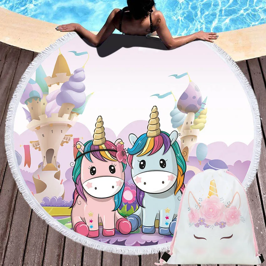 

Summer Round Unicorn Beach Towels Wall Tapestry Spa Bath Towels Seaside Yoga Mat For Adults Blanket With Drawstring Backpack Bag