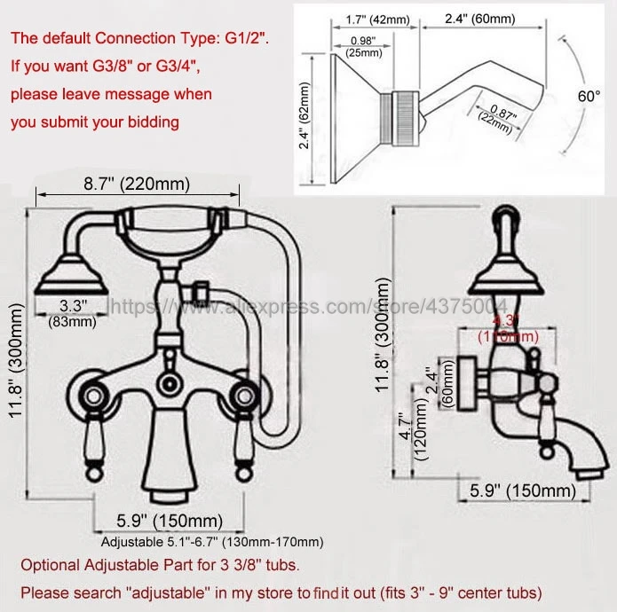 Antique Red Copper Bathtub Faucet Wall Mount Handheld Bath Tub Mixer System with Handshower Telephone Style Nna363