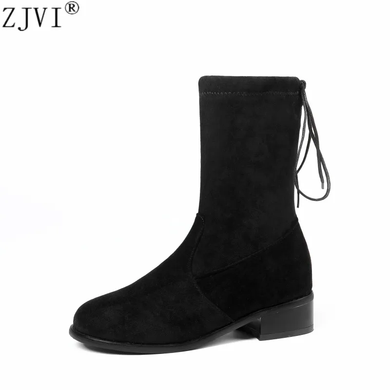 

ZJVI 2019 women nubuck mid calf stretch boots womens winter autumn boots round toe woman black square low heels ladies shoes