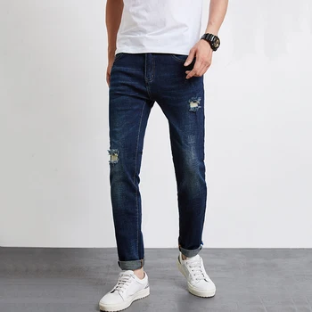 

Jeans Men 2020 Spring and Summer New Casual Blue tattered Stretch Slim feet jeans Korean version of the Hole breathable jeans