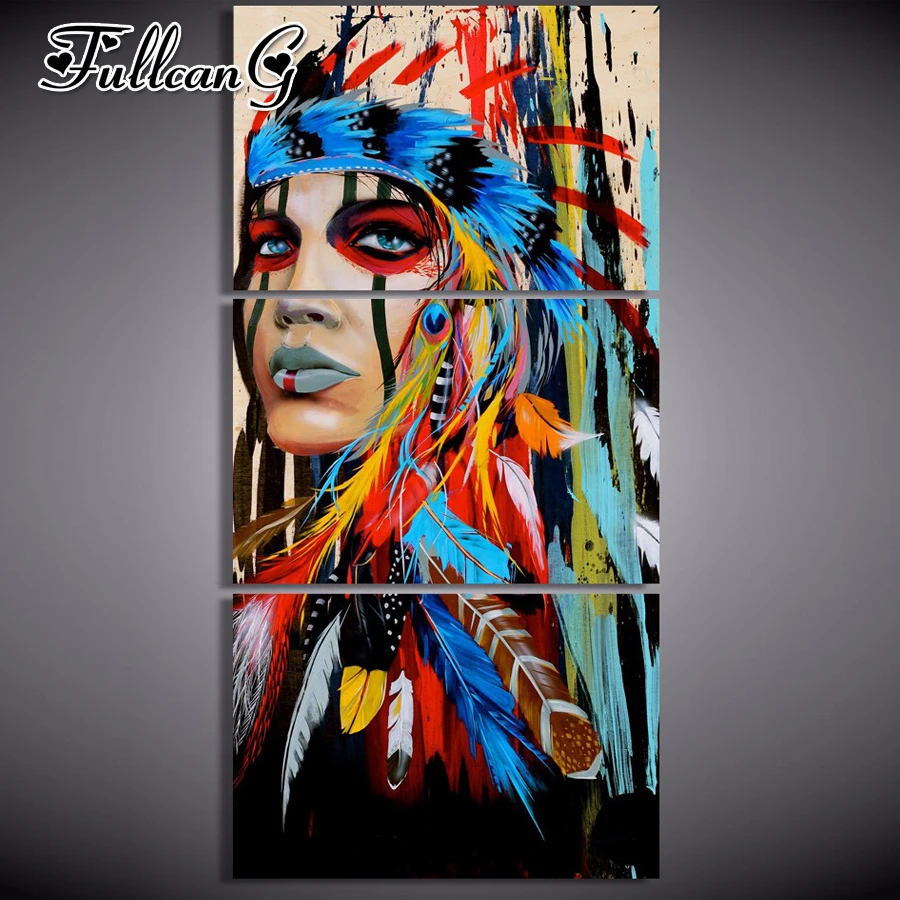 

FULLCANG diy 3pcs/set diamond embroidery indian native american & feather triptych mosaic painting full square/round drill FC827