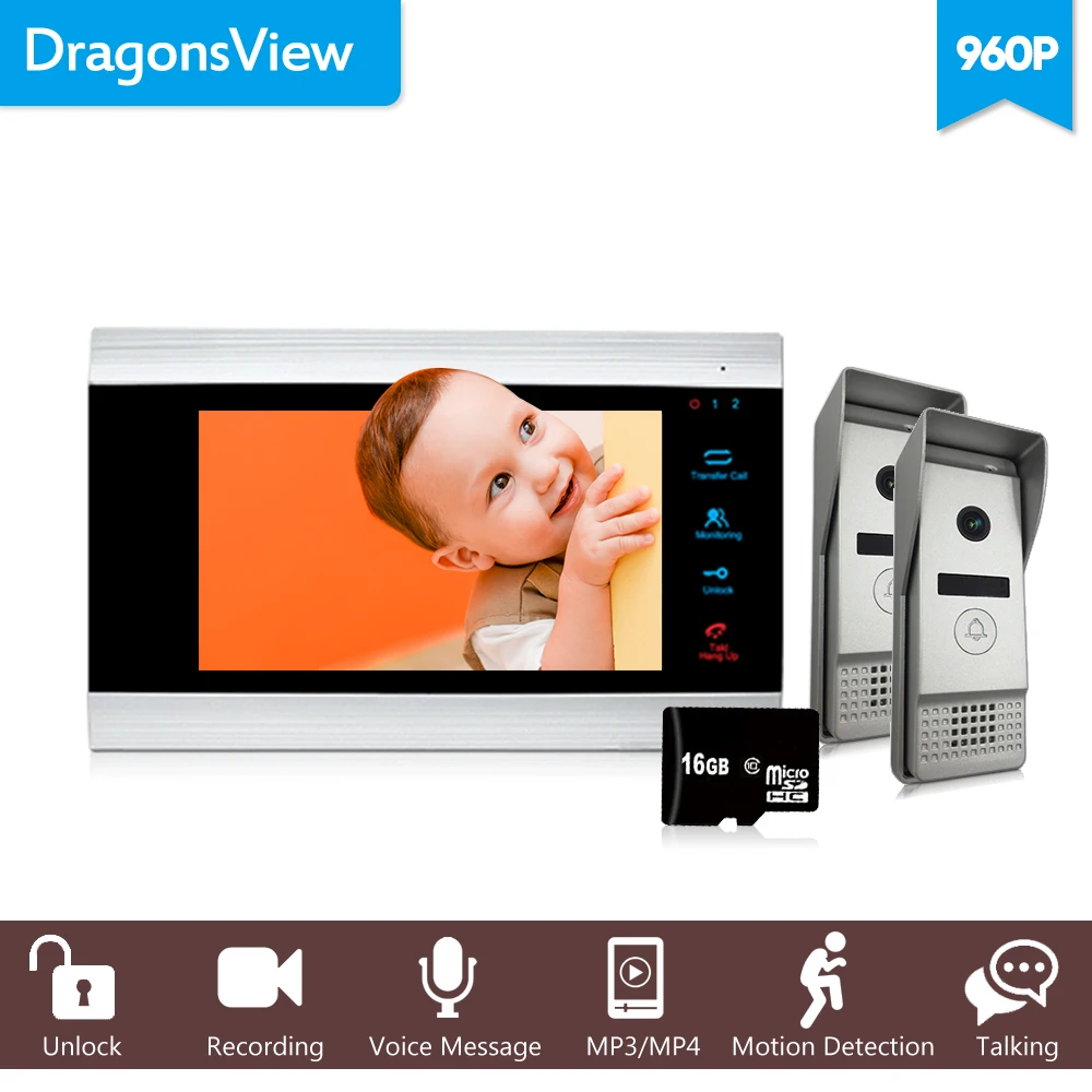 

Dragonsview 7" 960P Video Door Phone Intercom System With 2 Cameras Hands-free Touch Button Monitor Motion Detection Record 16GB