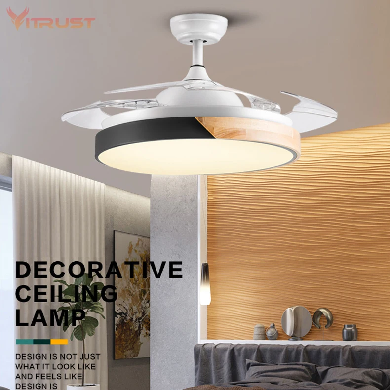 Retractable Ceiling Fans Light With Remote Control Three Color Led