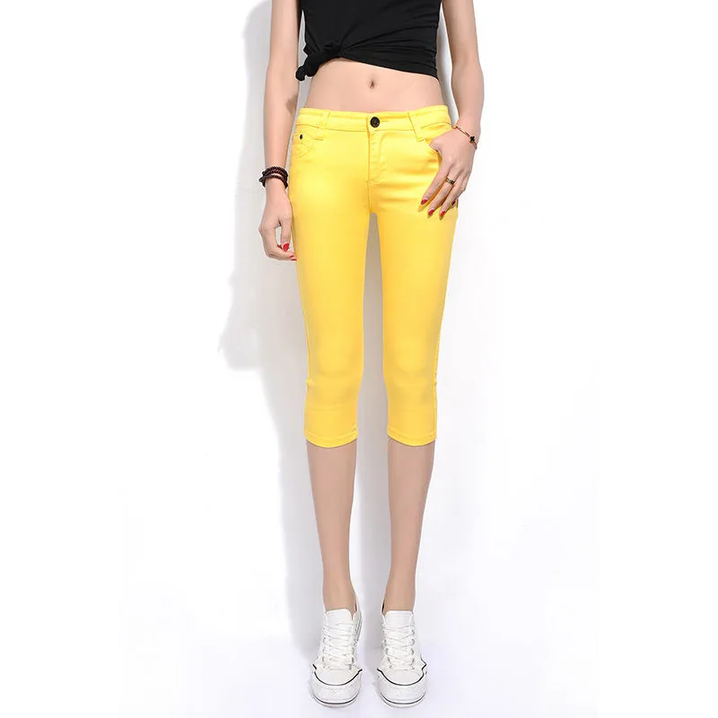 

2019 Skinny Women's Capris Jeans Pants Female Knee Length Stretch Slim Capri Jeans Women Candy Color Summer Denim Jeans Shorts