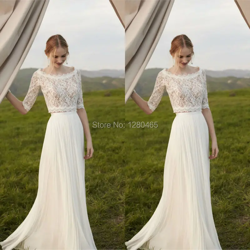 Avorio pizzo e chiffon 2 pezzo abiti da sposa beach boho abito da sposa con  mid maniche abiti da sposa con mangas|beach boho wedding dresses|boho  wedding dress2 piece wedding dresses - AliExpress