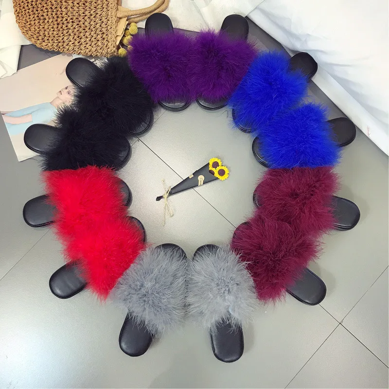 

colourful Fur Furry Slide Sweet Feather Thick Bottom Beach Female Sandals Hair Flip Flops Women Home Slippers Indoor Soft