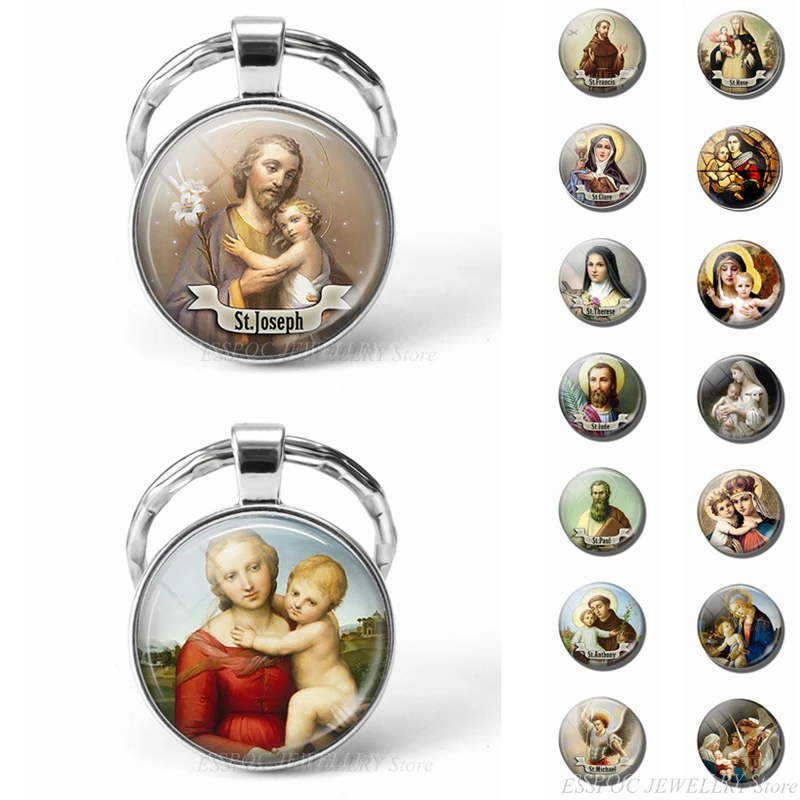 

HOT Virgin Mary and Baby Jesus Christian Keychain Glass Jewelry Catholicism Key Chain Religion Easter Pendant Gift Dropshipping