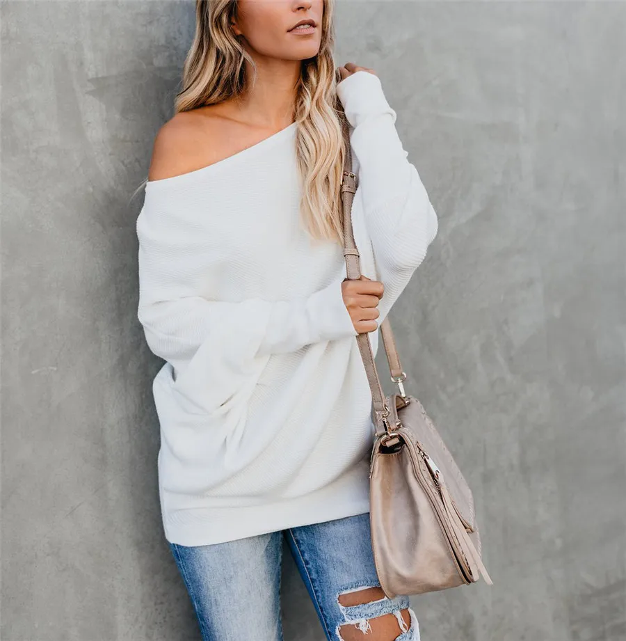Gladiolus Slash Neck Sexy Autumn Winter Sweater Women 2018  Long Sleeve Loose Casual Long Knitted Pullover Women Sweater Jumpers (28)