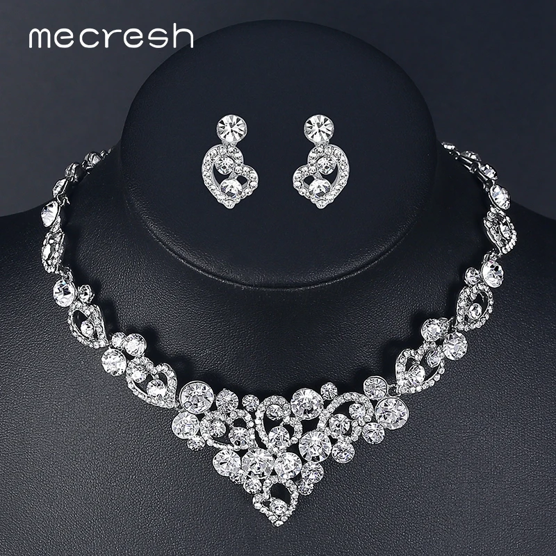 Mecresh srdce křišťál svatební šperky sady pro ženy stříbrná barva strana svatební náhrdelník náušnice sady romantický dárek TL310-pin