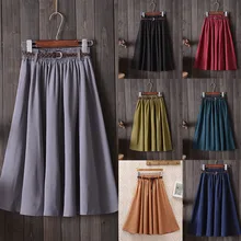 Миди до колена летняя юбка женская с поясом А-силуэта школьная юбка W523