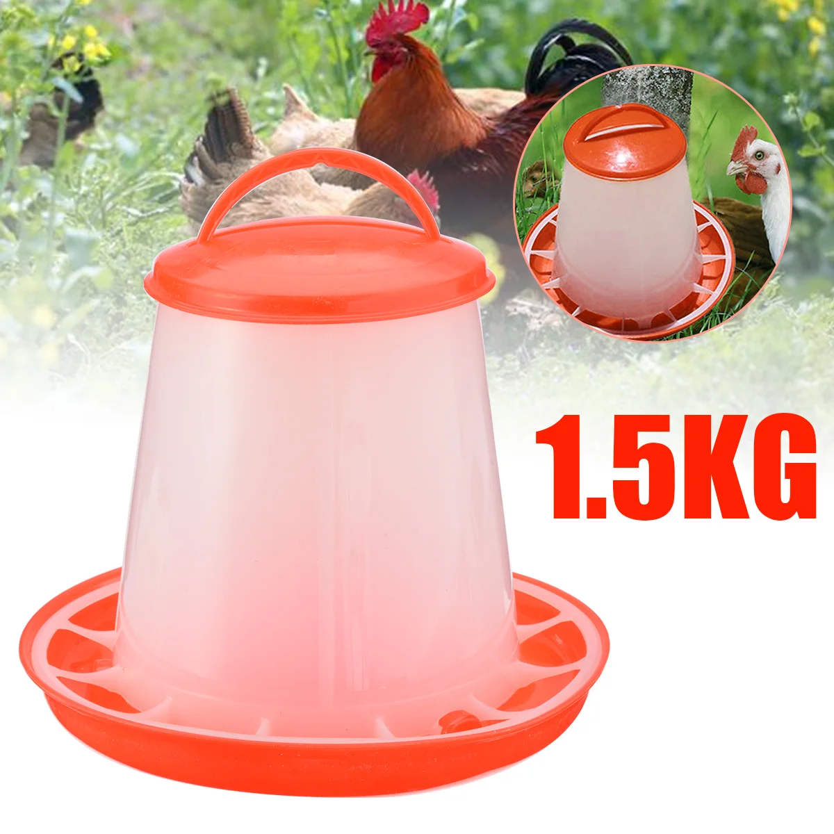 1.5kg Plastic Feeder Chicken Hen Poultry Drinker Waterer with Lid Handle Farm Animal Feeding Supplies