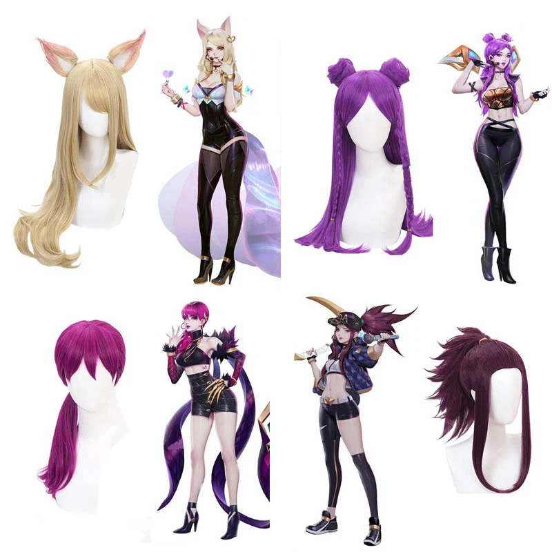 

Game LOL K/DA Anime Party Wig Hair Cosplay Costume Akali Evelynn Ahri Kaisa Hair Cosplay Wigs+One free Cap