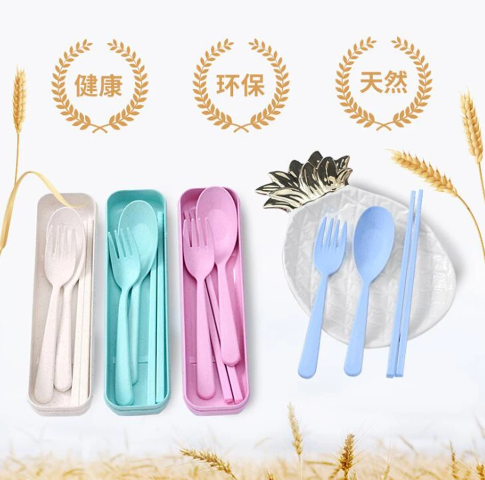 

3pcs/lots Wheat Straw Chopsticks Spoons Forks for children with box hot sales Simple Environmental Portable Tableware set