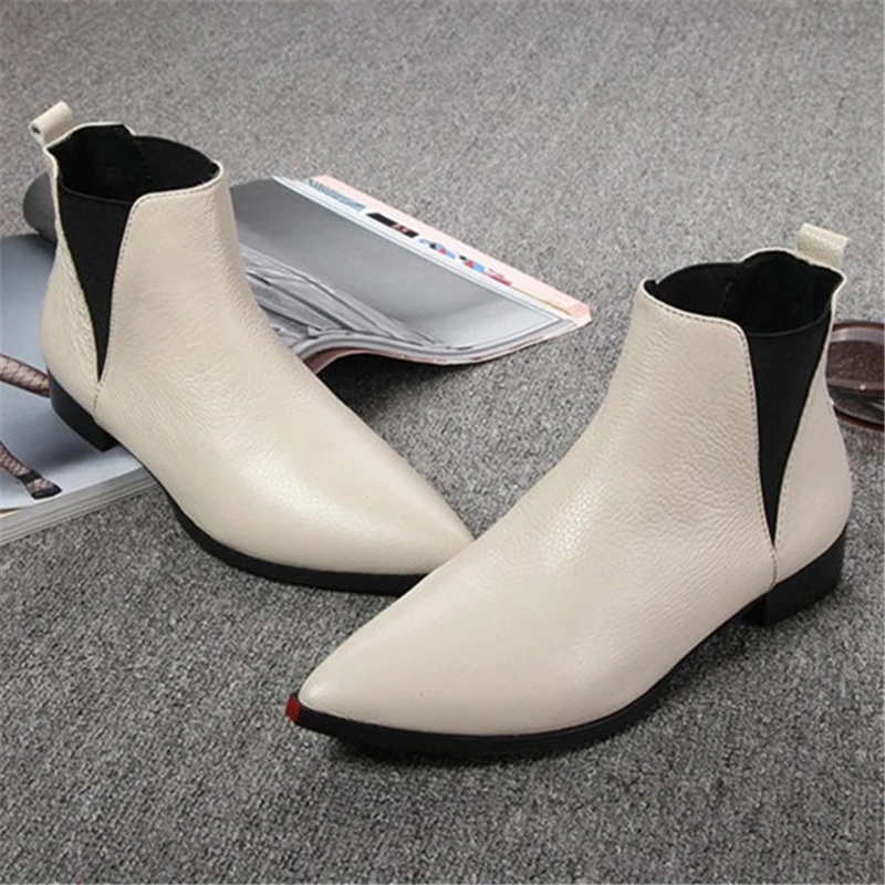 2017 Genuine Leather Womens Beige Boots Pointed Toe Ladies Boots Brand Designer Elastic Ankle Booties Shoes High Quality D647