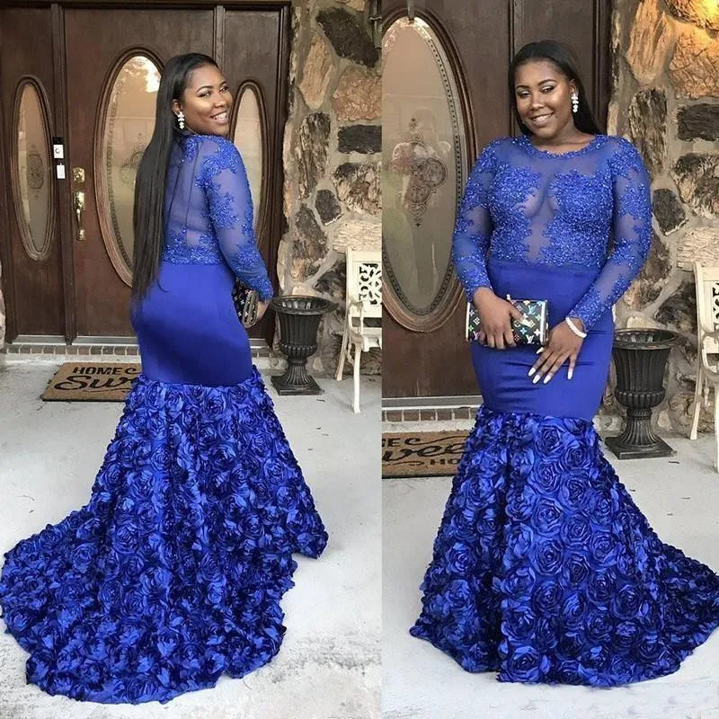 Royal Blue Plus Size Prom Dresses For Black Girl 2019 Long Sleeve ...