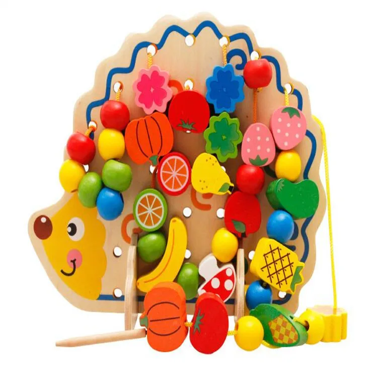 Wooden Fruits and Vegetables Lacing Stringing Beads Toys with Hedgehog Board for Toddlers Kids Children (1)