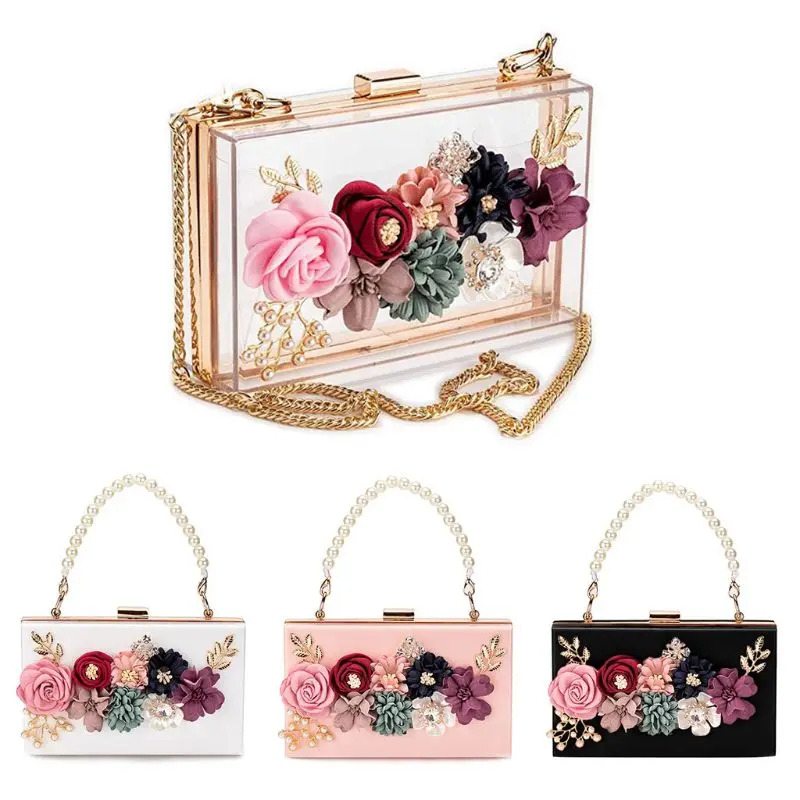 

Fashion New Women Acrylic Flower Clutches Crossbody Floral Purse Beaded Evening Bags For Lady Female Elegant Wedding Prom Party