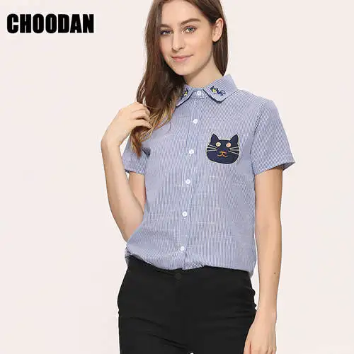 Блузка с 3D вышивкой кота, Женская хлопковая льняная полосатая блуза, новинка, летняя Милая рубашка с рисунком глаз/оленя, женские топы для девушек - Цвет: Cat Blue Stripe