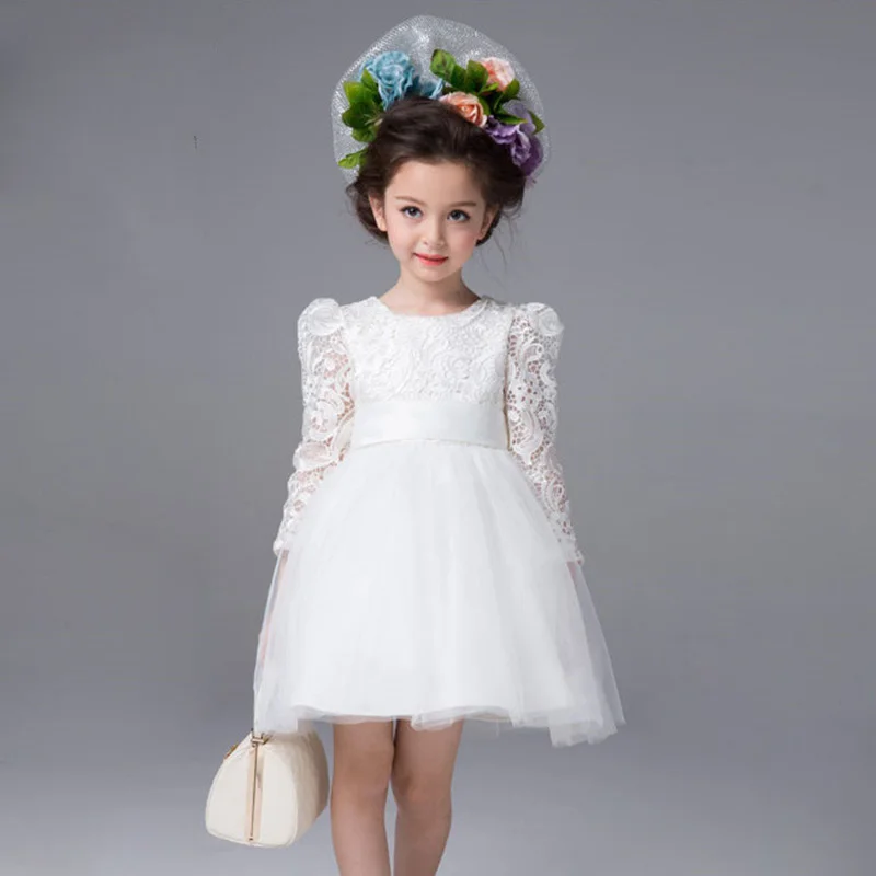Baby Wedding Dress Autumn Girls White Big Bow Lace Dresses Children
