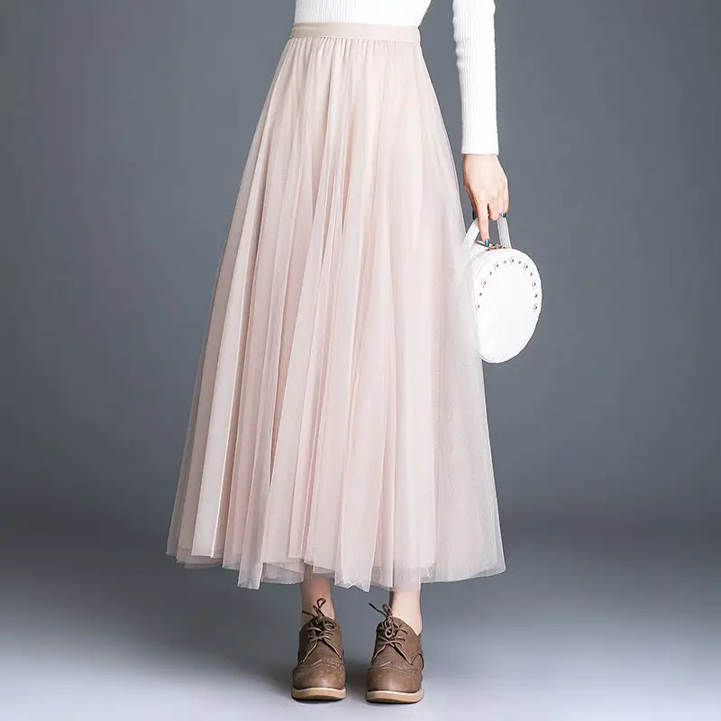 Женские длинные юбки в стиле Харадзюку, розовая Тюлевая юбка макси, элегантная юбка с высокой талией, уличная юбка-пачка, плиссированная юбка для женщин, Jupe Femme Q1202