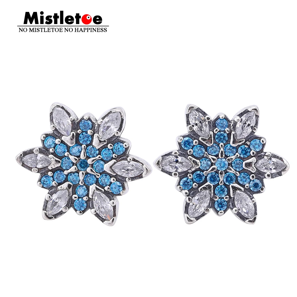 

Authentic 925 Sterling Silver Crystalized Snowflake, Blue Crystals & CZ Stud Earrings Compatible with European Jewelry