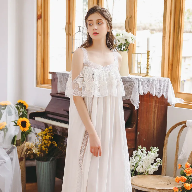 

2019 Victorian Style Honeymoon Nightdress Elegant Strap Cold Shoulder Sleepwear Women Night Wear Home Dress Lace Nightgown