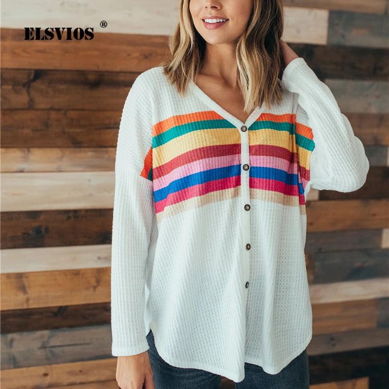 

ELSVIOS Striped Print Rainbow Cardigans Sweater Women Winter Autumn Long Sleeve Knitted Sweaters Coat Ladies V Neck Loose Jumper