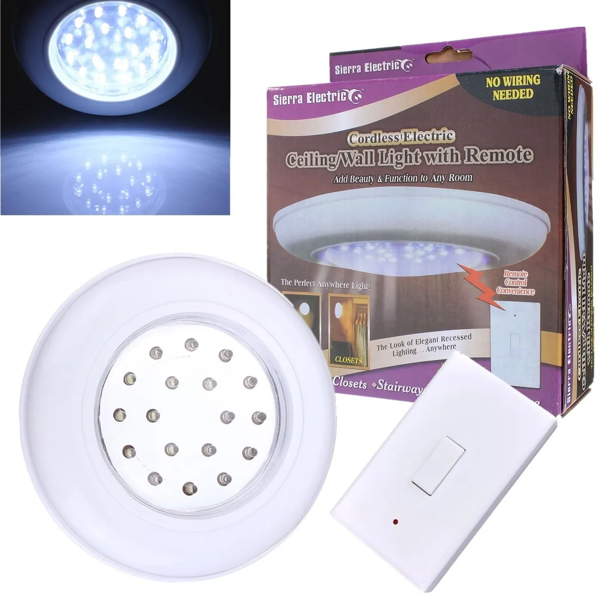 

Wireless Ceiling Wall Night Light + Remote Control Switch Stairs Hallway Closet Lamp Wire-Free