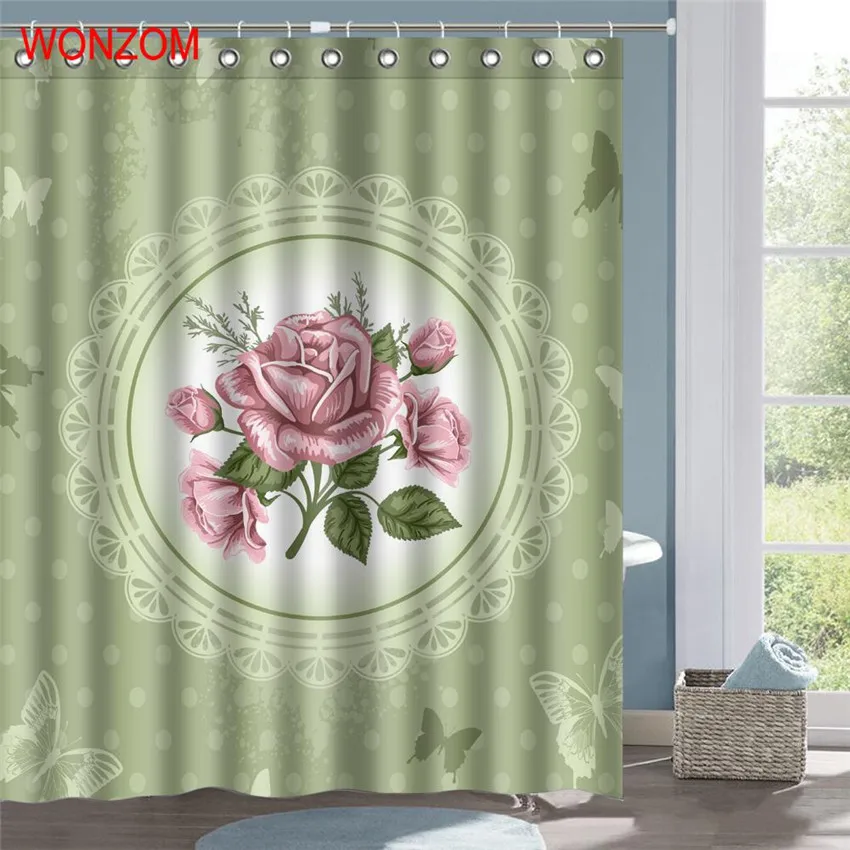 WONZOM розовая Роза полиэстер ткань занавеска для душа цветок ванная комната Декор листья водонепроницаемый Cortina De Bano с 12 крючками подарок - Цвет: 18021