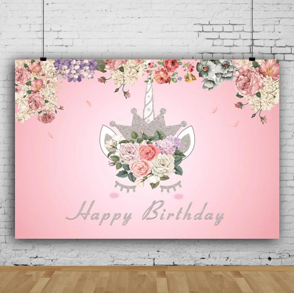 Laeacco Pink Backdrops For Photography Unicorn Party Birthday Flowers Baby Portrait Poster Photographic Backgrounds Photo Studio
