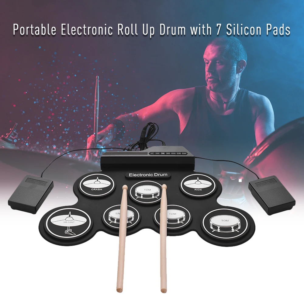 

USB Roll-Up Silicon Electric Drums Digital Electronic Drum Pad Kit 7 Drum Pads with Drum Sticks Foot Pedals for Beginners