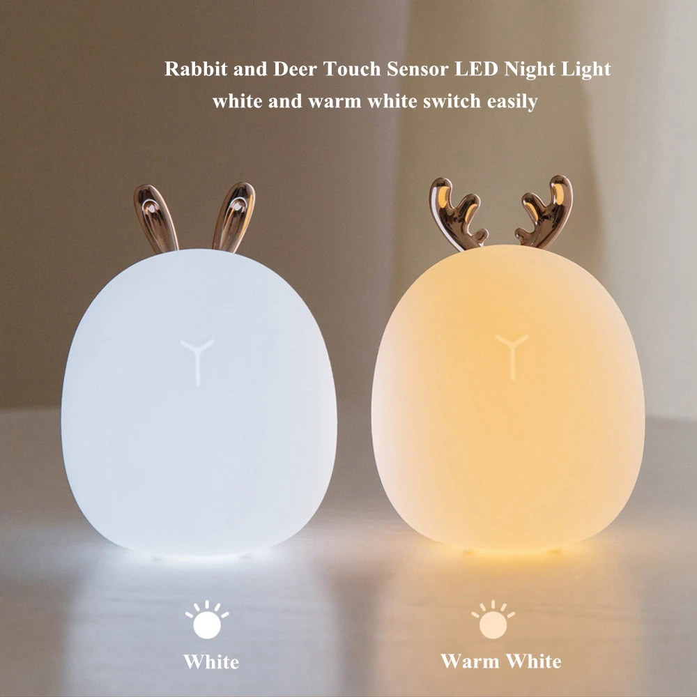 

Deer Rabbit LED Night Light Touch Sensor 2 Colors USB Rechargeable Cartoon Silicone Bunny Bedside Lamp for Children Baby Gift