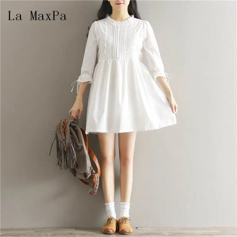 

Today Plus 2018 Women Dresses White Casual Loose Solid 3/4 Sleeve A Line Short Mini Dress Ruffled Neck Party Lace Vestidos S-XL