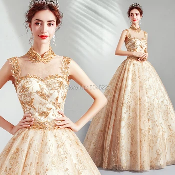 

Luxury Gold Ball Gown Prom Dresses Vestido Longue Sleeveless Floor Length Evening Dress Dubai Formal Party Gowns Abendkleider