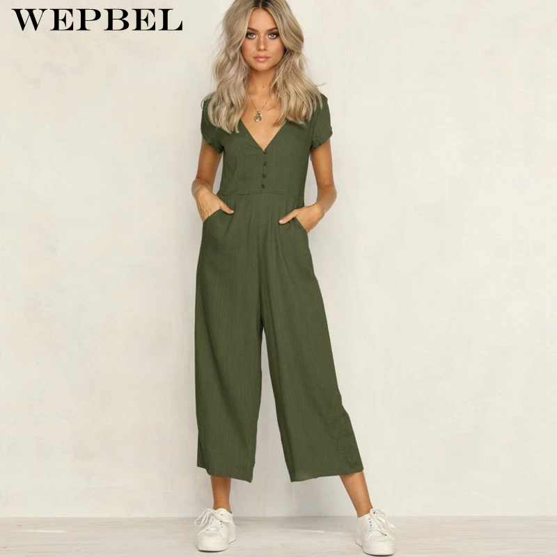 

Wepbel Office Lady Womens Jumpsuit Deep V Neck Slim Solid Party Romper Chiffon Long Wide Leg Trousers Clubwear