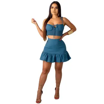 

Sexy Tube Top and Pleated Skirt Two Piece Set Outfits Women Beach Wear Off Shoulder Sleeveless Matching Sets Summer 2019