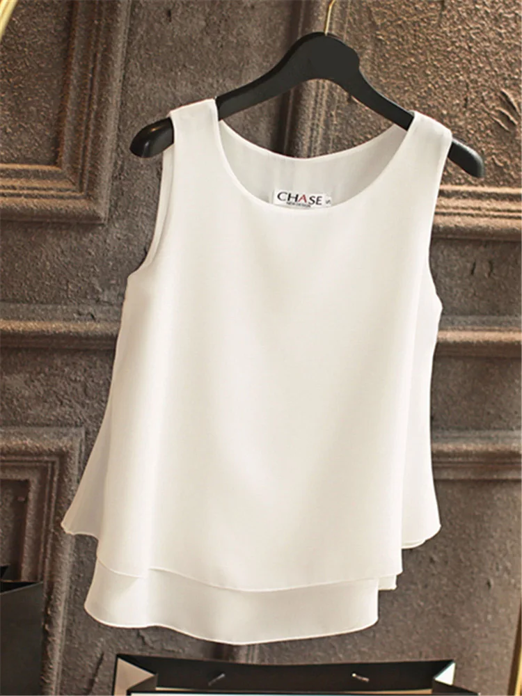  Fashion Women Summer Chiffon Blouse Sleeveless Casual Shirt O-neck Double Layers Vest Tops Plus Siz