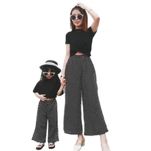 Семейный комплект; Летние широкие брюки; шифоновые противомоскитные штаны с поясом в Оксфордском стиле; черно-белые штаны для мамы и девочки