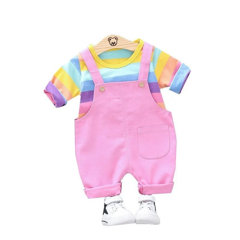 

2019 Autumn Baby Girls Clothes Suits Children Cotton Candy Long Sleeve Strap Pants 2PCS/Set Infant Clothing Casual Kids Costume