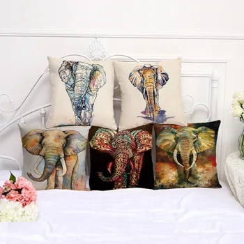 

Elephant Painting Cushion Cover Cotton Linen Decorative Pillowcase Chair Seat Square 45x45cm Pillow Cover Home Living Textile