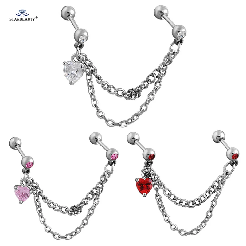 Stainless Steel Tassel Earrings Ear Piercing Dangle Jewelry 1Pc Zircon Heart Tragus Helix Piercing Lobe Stud piercing jewelry,body piercing jewelry,body jewelry,ear piercing jewelry