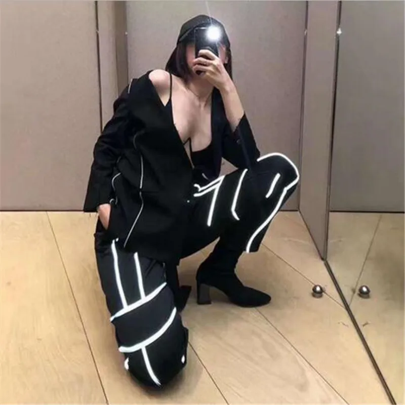 

2019 New Back Beam Leg Pants Couple Street Hip Hop Thigh Pants Fashion Loose Sports Pants Night Lights Reflective Men's Trousers