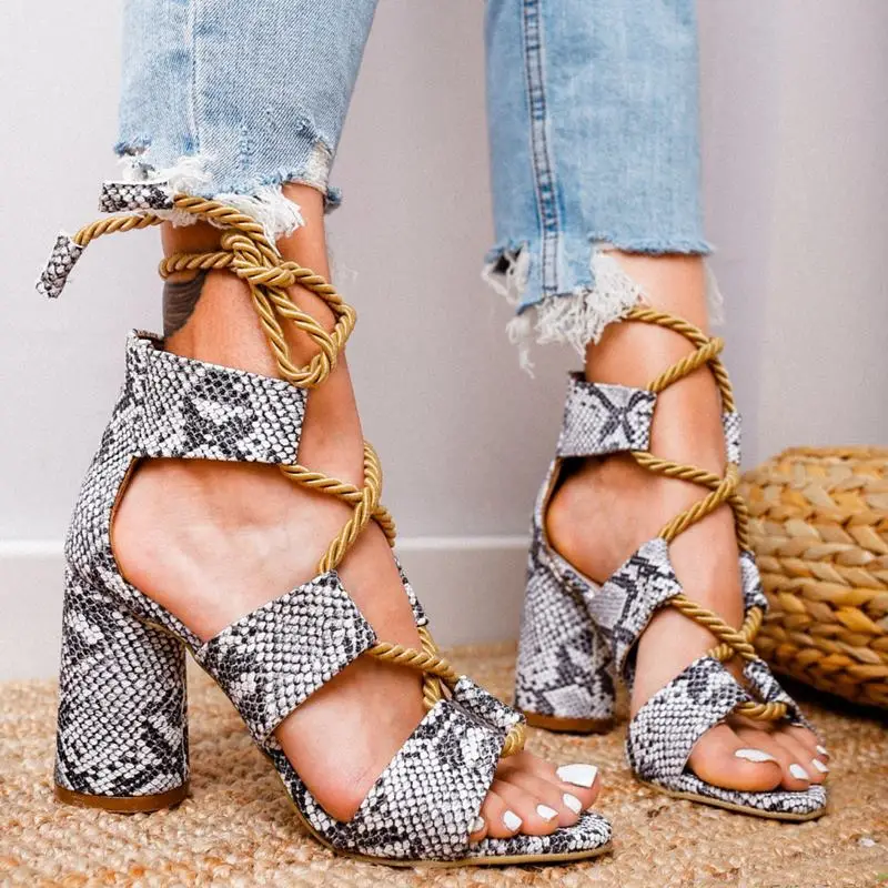

2019 Plus size 35-43 New women's gladiator sandals round high heels summer sandals women lace up snake pu ladies shoes