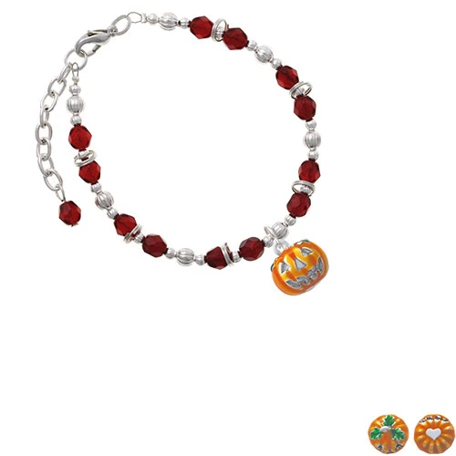 Silvertone 3-D Large Orange Jack O' Lantern with Green Leaves Maroon Beaded Bracelet