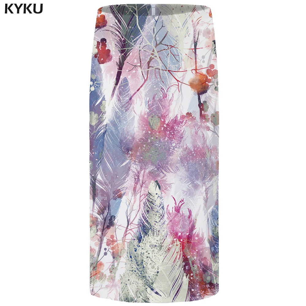 KYKU лес юбки Для женщин белый карандаш перо Цветочный красочные 3d принтом юбка Повседневное стильная женская обувь юбки Для женщин s Винтаж