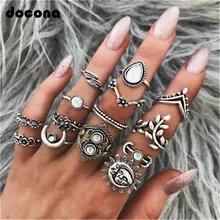Docona 14 ピース/セット自由奔放に生きるヴィンテージシルバーカラーラインストーン太陽の花彫刻ナックルミディ女性の指輪ジュエリー brincos 6226