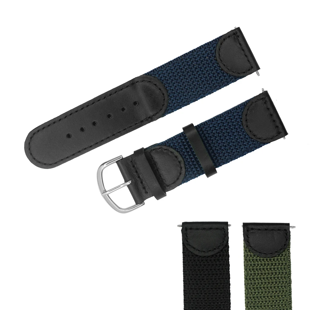

YQI 22mm Italian Oil Genuine Leather Joint Nylon Watch Band Strap Men Watchband Stainless Steel Buckle for Watches Black