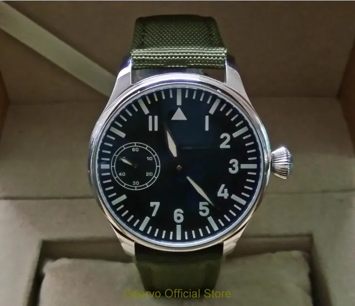 

44mm GEERVO black dial Asian 6497 17 jewels Mechanical Hand Wind movement men's watch blue luminous Mechanical watches 023A