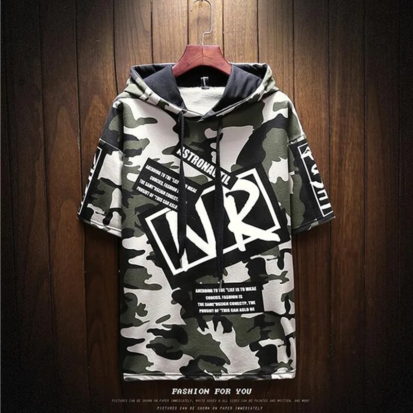 

2018 New Raglan Sleeves Round Neck Hoodies Men Casual Camouflage Letters Printed Short Sleeve Large Size Men Hoodies Sweatshirts